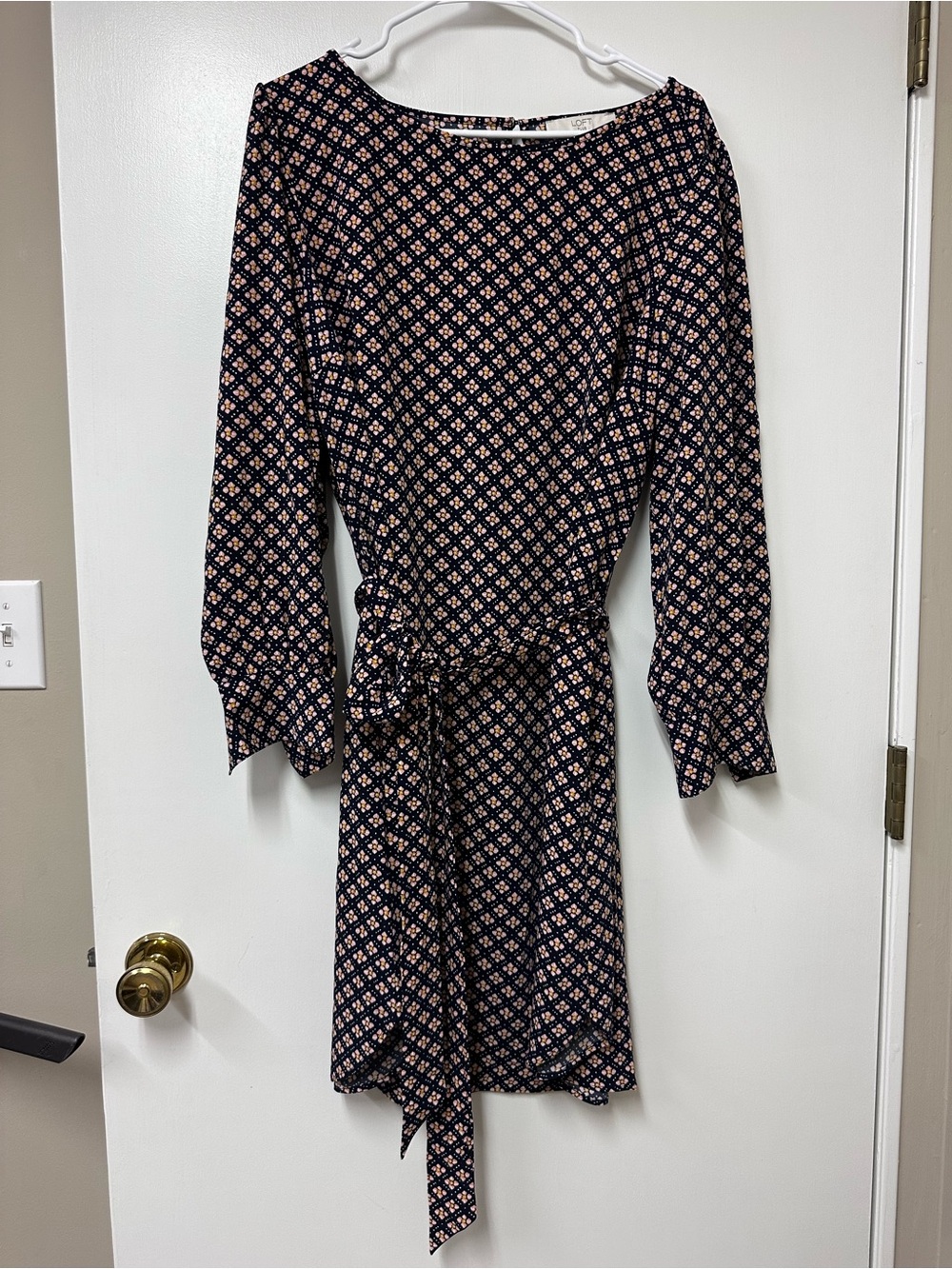 LOFT Navy and Peach Printed Long-Sleeve Belted Dress